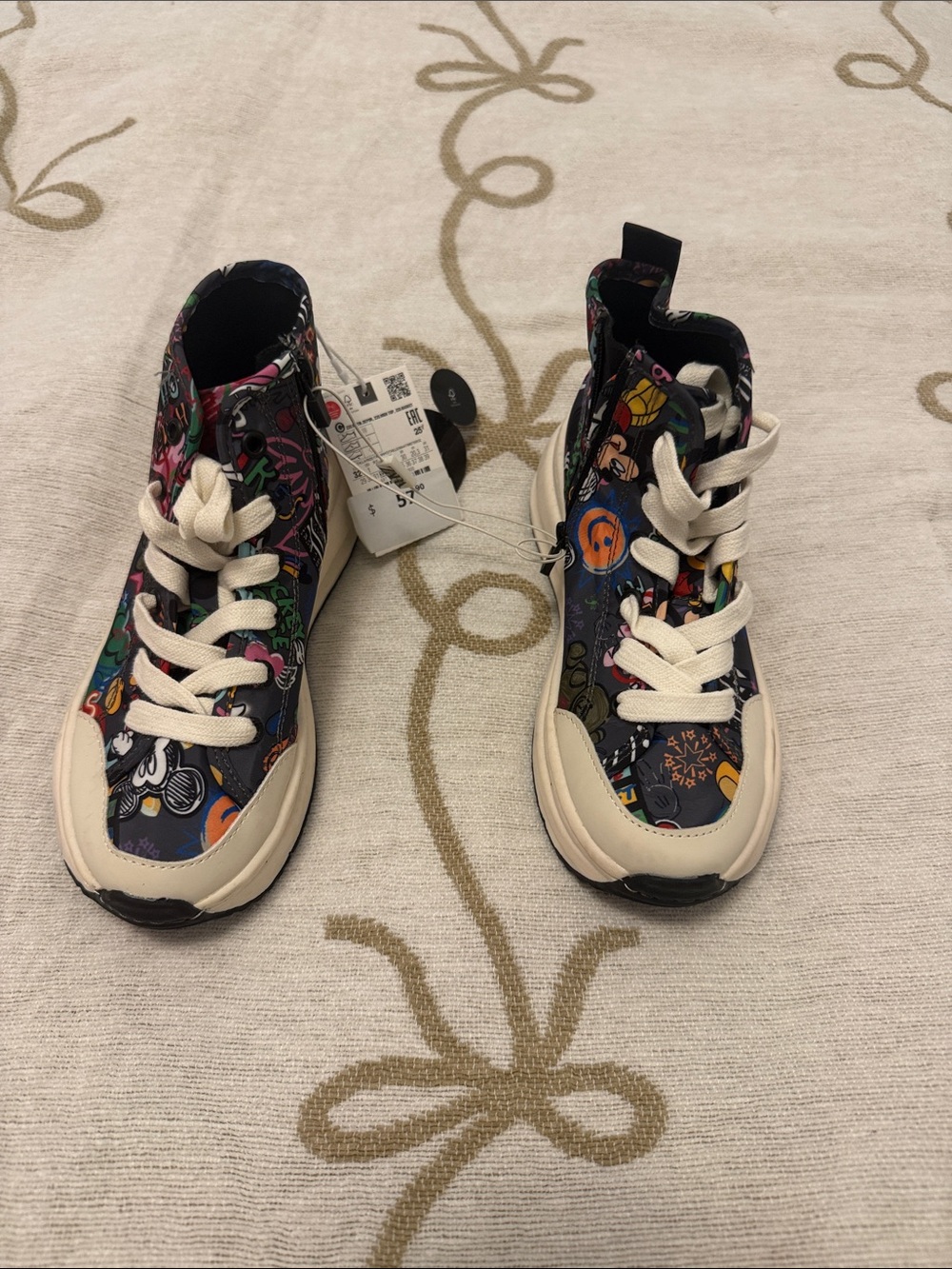 Zara Kids High-Top Sneakers in Black with Cream Trim and Multi-Color Print